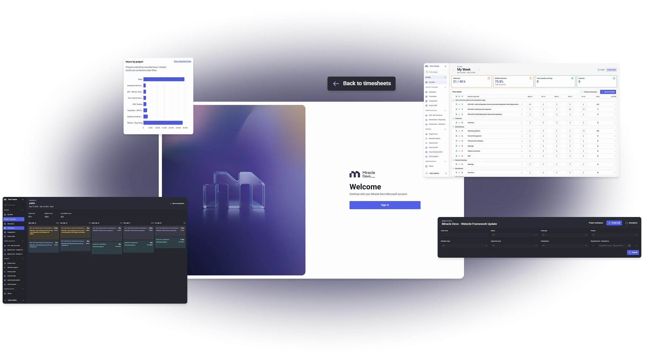 Time Tracker dashboards, timesheets, reports, and sign-in screens