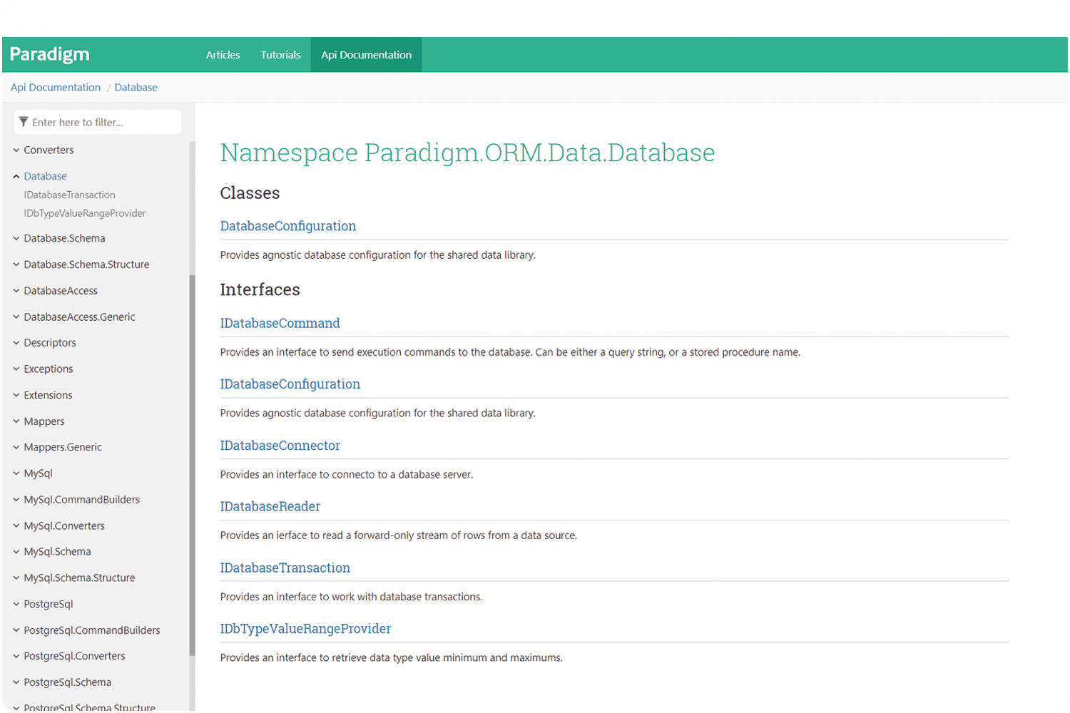 Paradigm Framework website showing documentation information