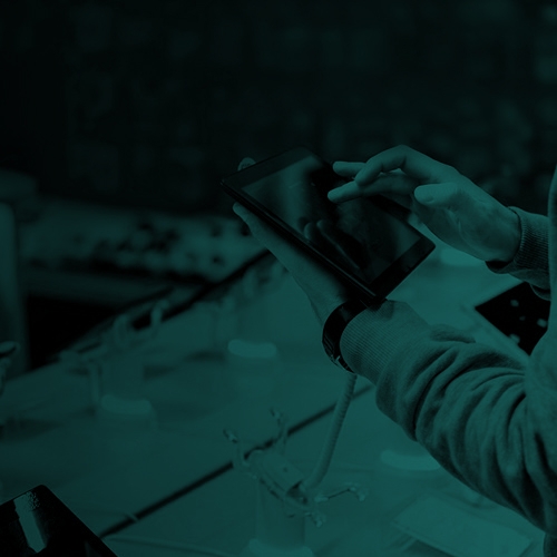 Person in mortar retail store using tablet device in duotone